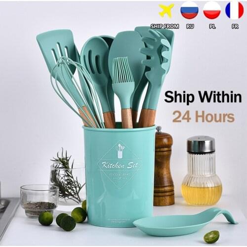 Silicone Cooking Utensils Set Non-Stick Spatula Shovel Wooden Handle Kitchenware Tools With Storage Box Kitchen Tool Accessories