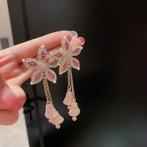 2021 New Exaggerated Luxury Rhinestone Big Flower Dangle Earrings for Women Girls Bells Pendant Long Tassel Earrings Jewelry