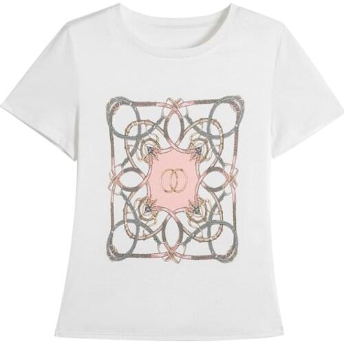 Fashion Summer New Short Sleeve geometric Print Patchwork Satin Short Sleeve T-Shirt White O-Neck Womens T-Shirt plus size