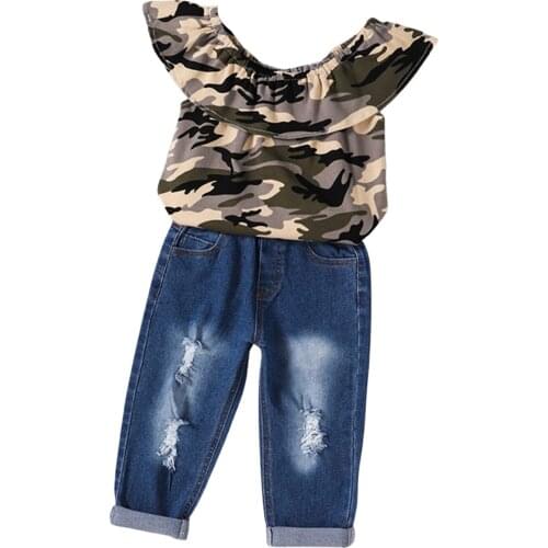 New Toddler Girls 2Pcs Summer Outfits, Camouflage Ruffle Tops + Ripped Denim Pants Set