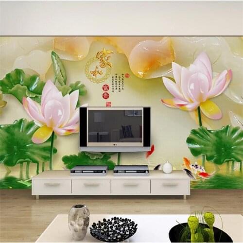 Customized wallpaper 3d Chinese style jade carving house and wealthy nine fish figure peony TV background wall living room обои