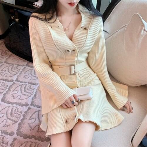 VOOCIEC Autumn/Winter Woman Sexy One-Shoulder Dress Sexy Slim Sweater Knit Dress Korean Style Goddess Fishtail Retro Dress