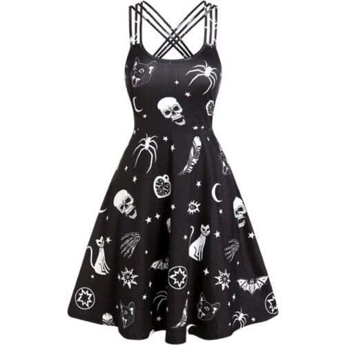 Plus Size Casual Dress Sun Moon Print Crisscross Mini Cami Dress Sleeveless Women Fashion Party Dress Vestidos Femme