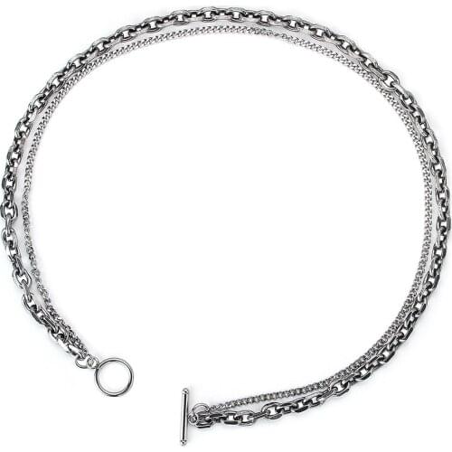 Tide Brand Retro Distressed Antique Silver Word Buckle Clavicle Necklace Double-Layer Design Simple Fashion Jewelry