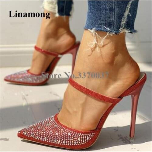 Women Luxurious Bling Bling Pointed Toe Rhinestone Stiletto Heel Pumps Red Silver Crystal Slip-on High Heels Wedding Shoes