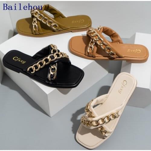 Slippers Women Flip Flop Summer Shoe New 2021 Casual Flip flops Metal Chain Square Toe Slides Female Shoes Outside Flip-flops