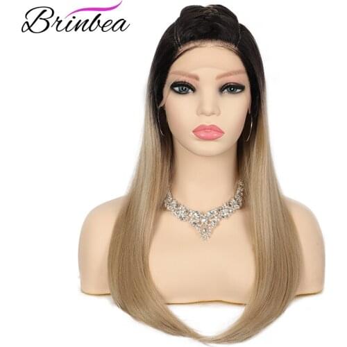 Brinbea 20 Inch Ombre Blonde Synthetic Lace Front Wig For White Women With Baby Hair Pre-Braided Box Wigs Straight U Shape Wigs
