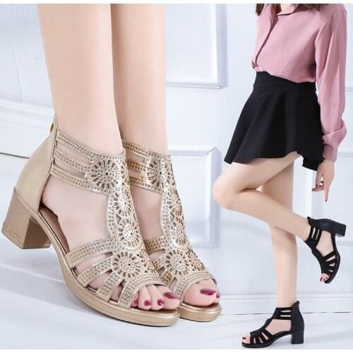 Rhinestone surface hollow high heel sandals women 2021 summer shoes women fashion zipper Roman open-toed dress shoes