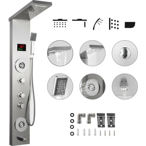 VEVOR 6 in 1 LED Shower Panel Systems Adjustable Stainless Steel Jets Silver Sprayer Body Rain Shower Panel Waterfall