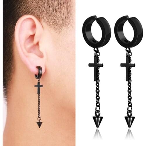 SOHOT Titanium Stainless Steel Anti-allergic Cross Chain Black Silver Color Earrings Clip Wholesale Punk Unisex HipHop Man Party