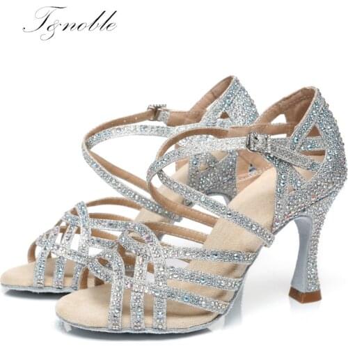 Hot Sliver Flash Cloth Womens Latin Dance Shoes Ballroom Girls Casual Shining Crystals Sandals Party Square High Soft Heel L357
