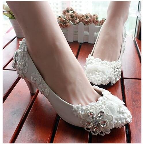 White lace wedding shoes womans bridal lace wedding pumps shoes fashion handmade lady girl party bridesmaid shoes