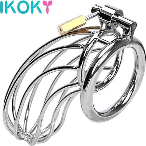 IKOKY Lockable Male Chastity Device Cock Cage Adult Products Stainless Steel Sex Toys for Men Penis Cock Ring Sleeve Lock