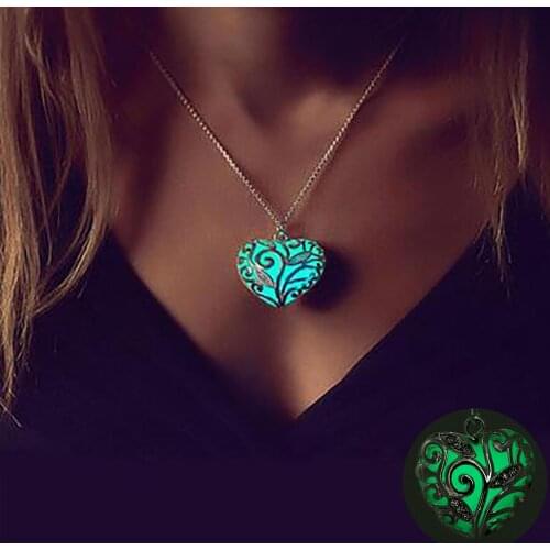 Vienkim In The Dark Stone Luminous Pendant Crystal Hollow Heart Shap Pendants Necklaces For Women Men Jewelry Halloween Gifts