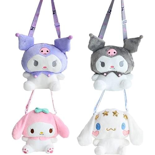 Japanese Cute Kawaii Melody Kuromi Cinnamorols Plush One Shoulder Messenger Bag Plush Toy Doll Backpack Girl Birthday Gift