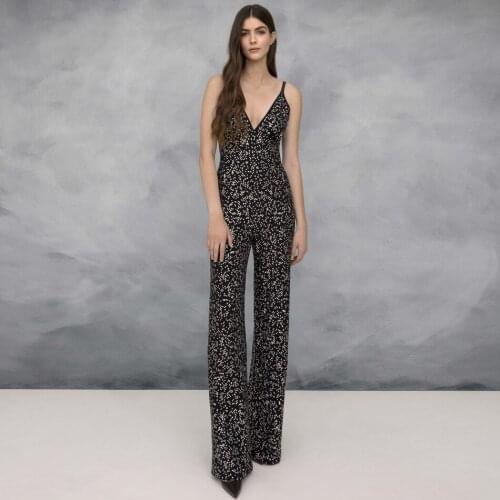 Ladylike Rivets Sleeveless Flare Leg Bandage Legging Spaghetti Strap V Neck Studded Cold Shoulder Beaded Hourglass Jumpsuits