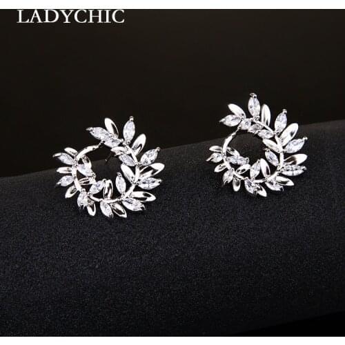 LADYCHIC Brilliant Round Olive Branch Leaves Clear Zircon Stud Earrings for Women Trendy Brand Silver Color Earrings LE1328