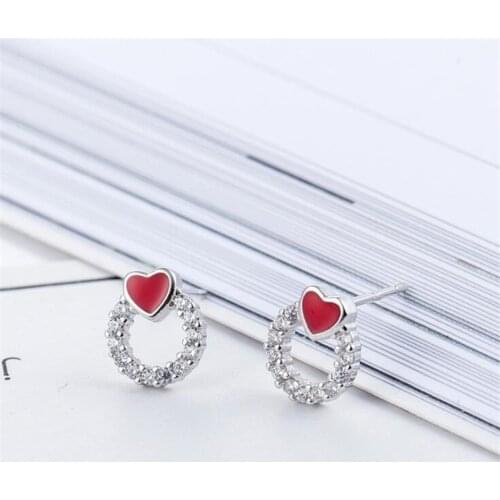 Fashion Epoxy Sweet Cute Red Love Heart Zircon Temperament Stud Earrings 925 Sterling Silver Women Jewelry Birthday Gifts SE111