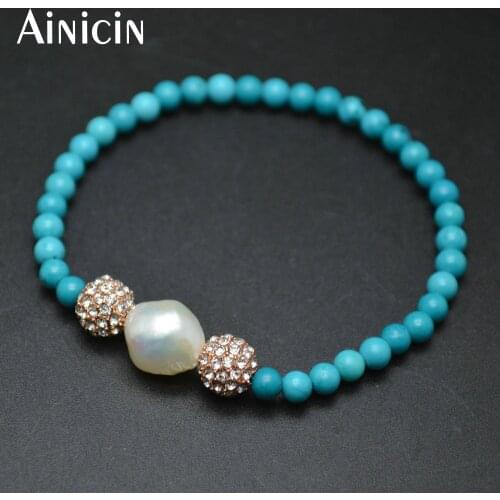 10pcs Natural Blue Color 4mm Howlite / 8~10mm Freshwater Pearl / Rhinestone Paved Beads Stretch Bracelets For Women