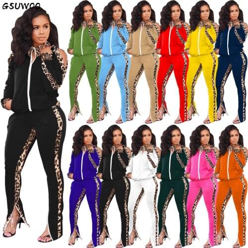 GSUWOO Womens Strapless Sports Tracksuit Two-piece Leopard Print Stitching Color Fashion Autumn Long Sleeve Coats Pants Suit