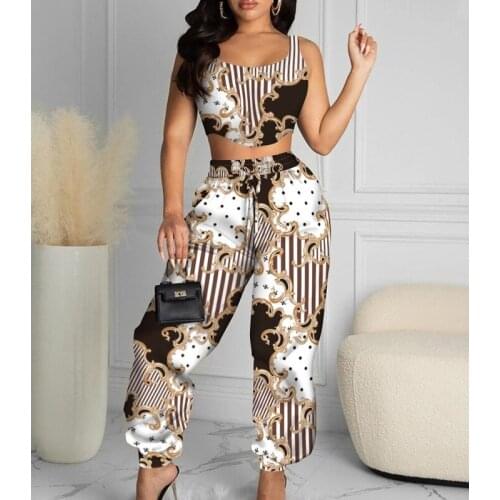 Women Two Piece Set 2021 New Trendy Tracksuit Ladies Scarf Print Crop Top & High Waist Pants Set