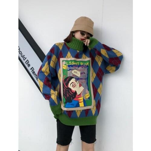 Vintage Argyle Print Women Sweater Cartoon Print Pullover Sweater 2021 Autumn Winter Thick Turtleneck Knitted Jumpers