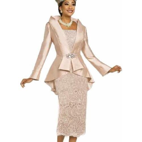 Champagne Mother of the Bride Dresses With Satin Jacket 2 Pcs Women Lace Evening Dress Suit Wedding Evening Dress Guest Dress