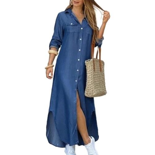 Fashion Women Long Sleeve Button Shirt Dress Summer Printed OL Long Dresses Turn-down Collar Casual Loose Sundress Party Dresses