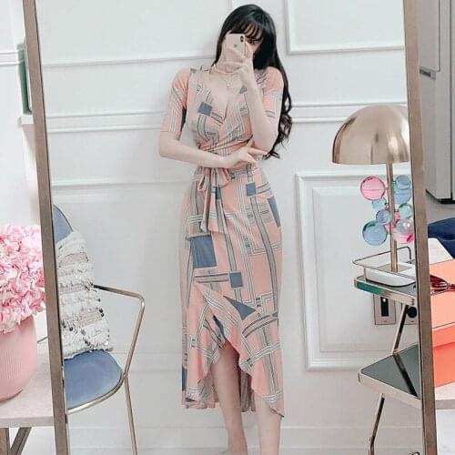 New arrival fashion dress women elegant summer v-neck short sleeve temperament office lady simple pink print asymmetrical dress