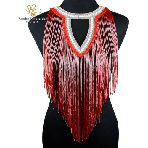 Long Beading Fringe Tassel V Collar Rhinestones Applique Handmade Patches Costumes Decorated 1 piece
