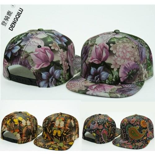 PU Leather Floral Print Baseball Cap Snapback Flowers Hip Hop Caps , DIY Iron Logo Sign Acceptable ,12 Colors Free shipping