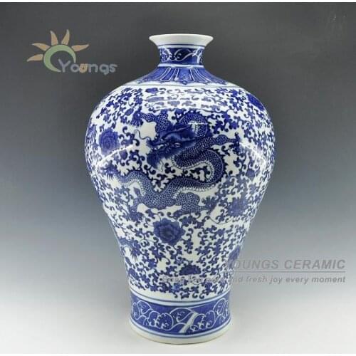 Large chinese HAND PAINTED porcelain blue & white floral dragon prunus vases