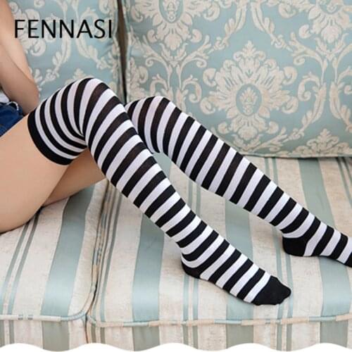 FENNASI Black White Stripe Stockings Zebra Striped Thigh High Stockings Kawaii Women Over Knee Socks Girl Lolita Stockings