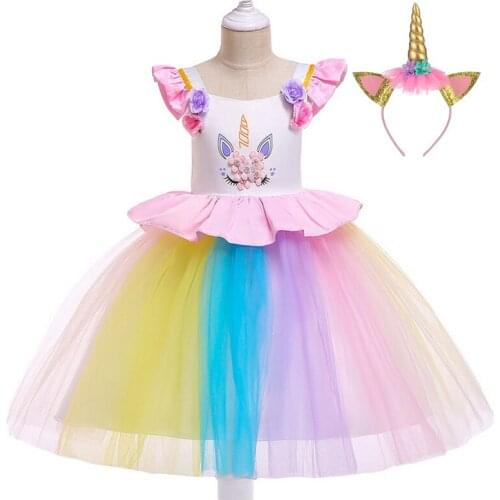 Kids Unicorn Cosplay Costume Rainbow Flowers Tutu Dress Girls Ruffle Flying Sleeve Birthday Theme Party Princess Dresses