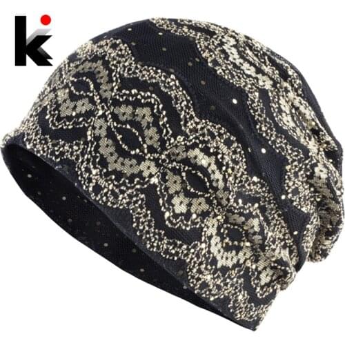 Elegant Beanies Women Fashion Lace Hat Thin Casual Beanie Scarf Multi-purpose Hat Ladies Knitted Headwear Turban Bonnet Skullies