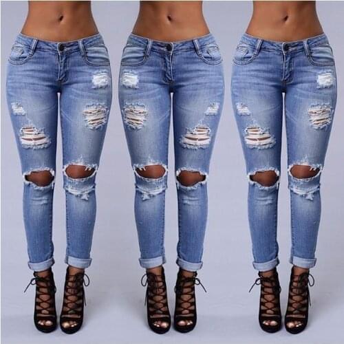 Europe and The United States Boutique Womens New Style Low Waist Broken Hole Casual Jeans Tight Stretch Cotton Pencil Pants