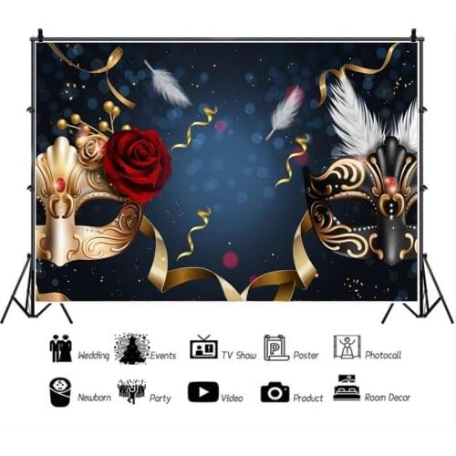 Mardi Gras Masquerade Ball Black Gold Mask Backdrop Photography Festival Party Decorated White Feather Rose Background Studio