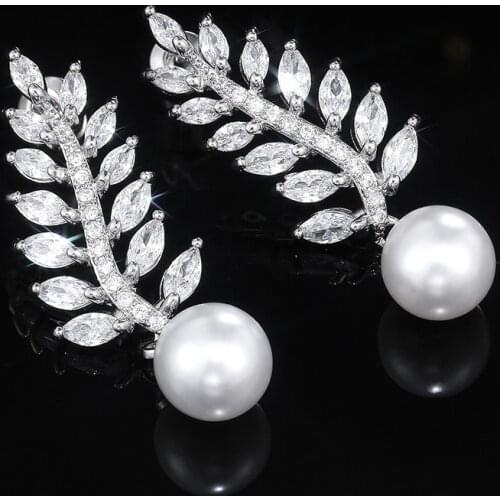Huitan Crystal Leaf-shaped Dangle Earrings Women Round Imitation Pearl Simple Elegant Design High Quality Female Trendy Jewelry