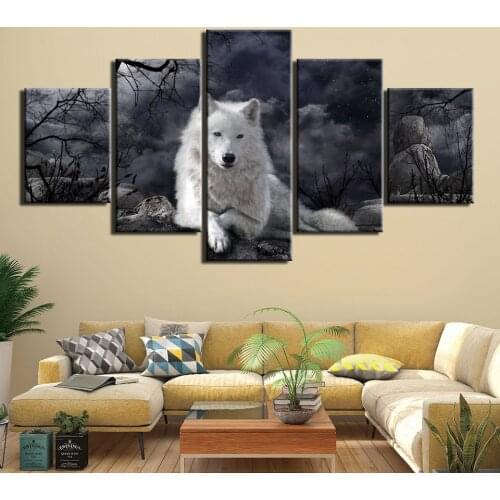 Printed 5 pieces Animal White wolf canvas painting home decor wall art picture for living room posters and prints Artwork