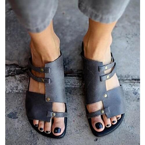 Leather Summer Women Casual Sandals plus size 35-43 leisure Beach Shoes Woman slip-on flat heels sandals rivet sandals