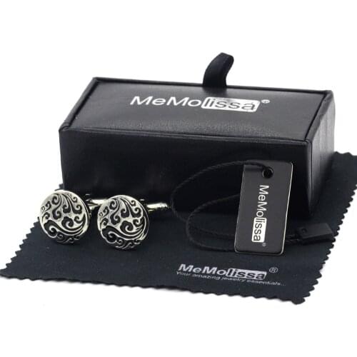MeMolissa Display Box Cufflinks Round Vintage Pattern Cufflinks Silvery Black Enamel Men Cufflink Free Tag & Wipe Cloth
