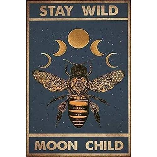 Retro Metal Tin Stay Wild Moon Child Honeybee Metal Tin Sign, Metal Tin Sign Wall Decoration/Bar,Restaurant, Cafe, Living Room