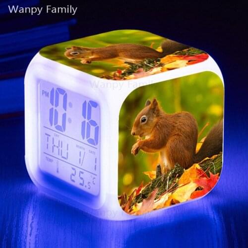 Cute squirrel LED alarm clock 7 color luminous digital alarm clock childrens room multifunctional electronic clock