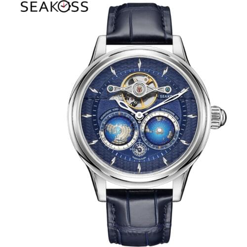 Mens Dual Globe Mechanical Watch Automatic Rotate Leather Strap 1963 Wristwatches Sports Limited Edition 50m Waterproof Clock