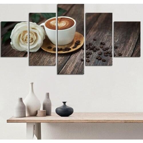 Canvas Pictures Living Room Wall Art 5 Pcs Coffee Cup And Rose Paintings HD Printed Modular Poster Kitchen Home Decor(No Frame)