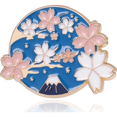 Charm Pink Cherry blossoms Brooch Enamel Pin Mountain Blue Sky Lapel Pins Collection Jewelry Gifts