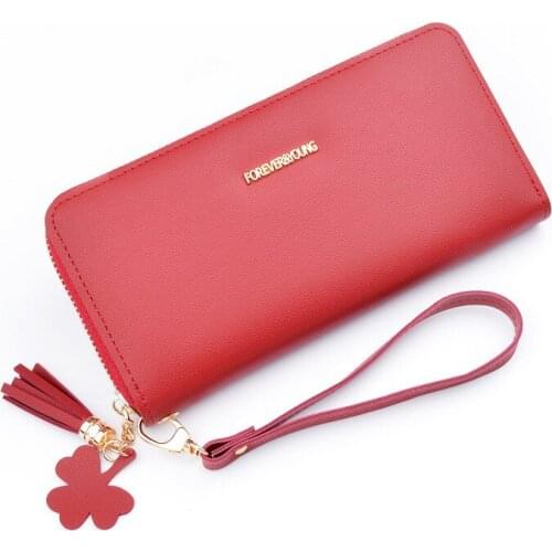 Solid Color Women Pu Leather Wallets Long Zipper Tassel Coin Purses Female Wristband Bow Ornaments Credit Card Holder Clutch Bag