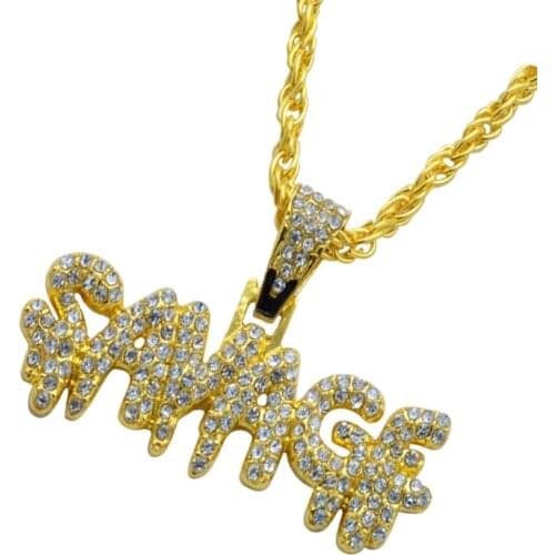 Hip Hop Necklace Brass Gold Color Iced Out Chains Micro Pave Cubic Zircon SAVAGE Pendant Necklace Charm For Men Gifts