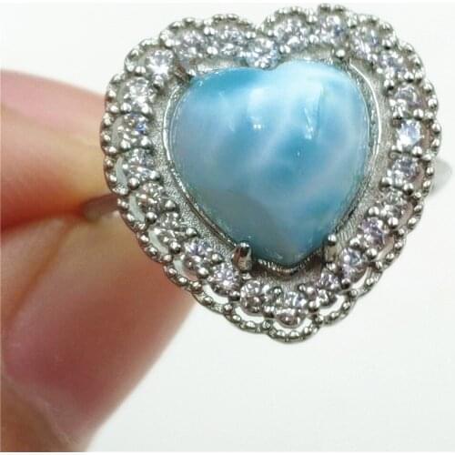 Namibia Natural Larimar Blue Dominia Heart Adjustable Ring 10x10mm Water Pattern Love Larimar 925 Sterling Silver AAAAAA
