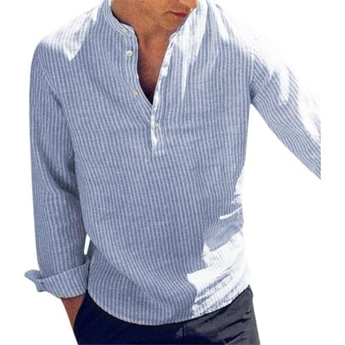 2021 New Cotton Long Sleeve Mens Shirts Spring Autumn Striped Slim Fit Stand Collar Shirt Male Clothes Plus Size 5XL